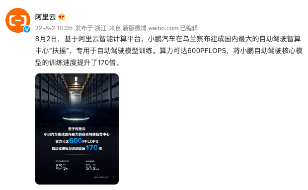 幼鹏建成中国最大自动驾驶智算中心“扶摇”，，，，，，，，主题模型训练时长从7天缩短至1幼时